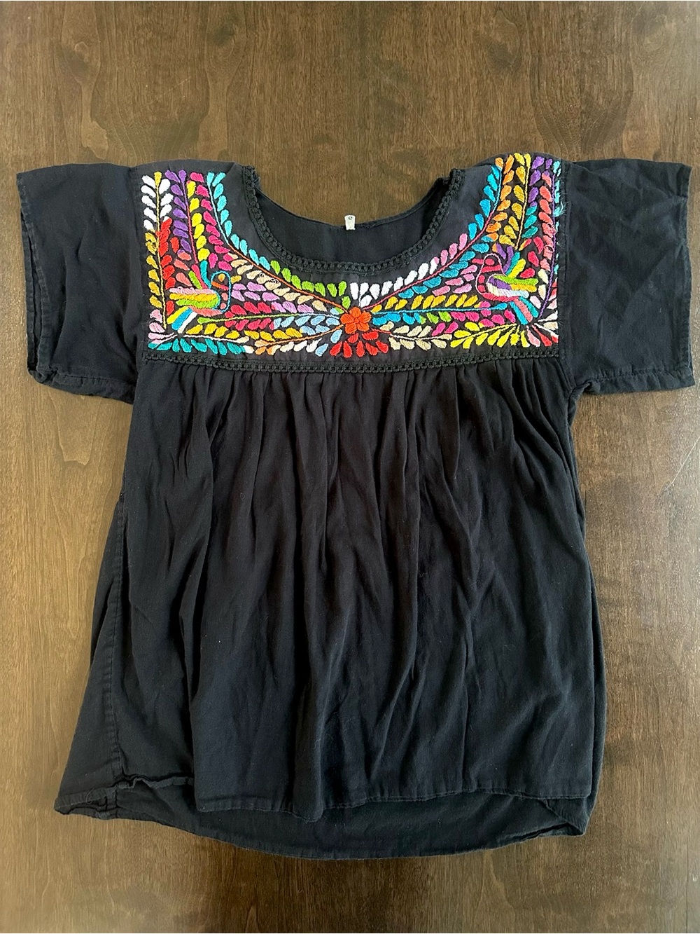 Mexican Embroidered Birds Peasant Short Sleeve Cotton Shirt L
